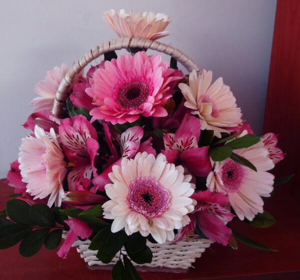 Canasta de Gerberas y Alstroemerias en Tonos Rosados (C-06)